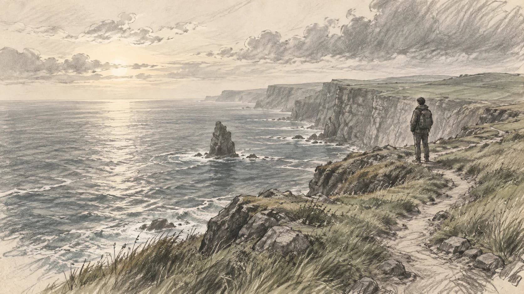 Pencil and watercolor shot sketch of the coastal scene