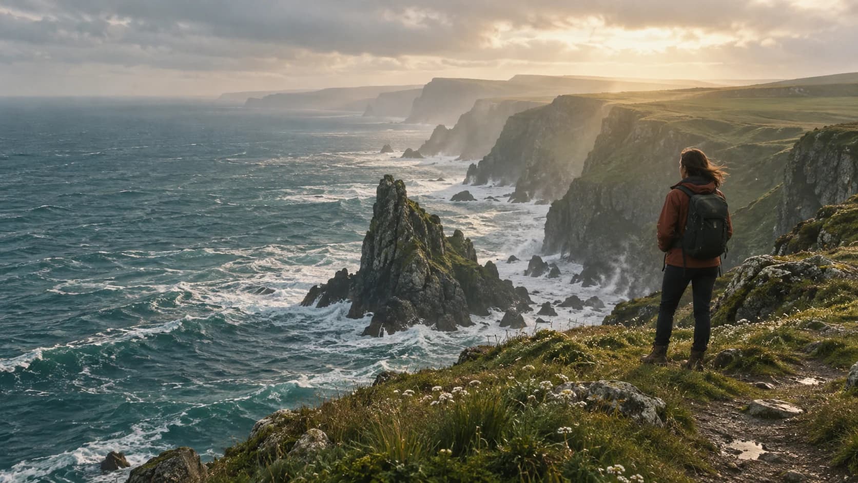 A traveler looking over a dramatic Atlantic coastline