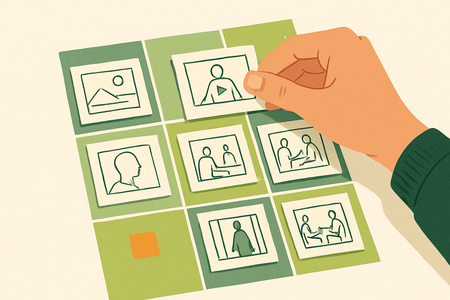 Editorial illustration showing a hand arranging storyboard frames for planning a Reel before filming